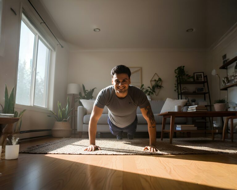 Calisthenics zu Hause: Mann macht Liegestütze im Wohnzimmer
