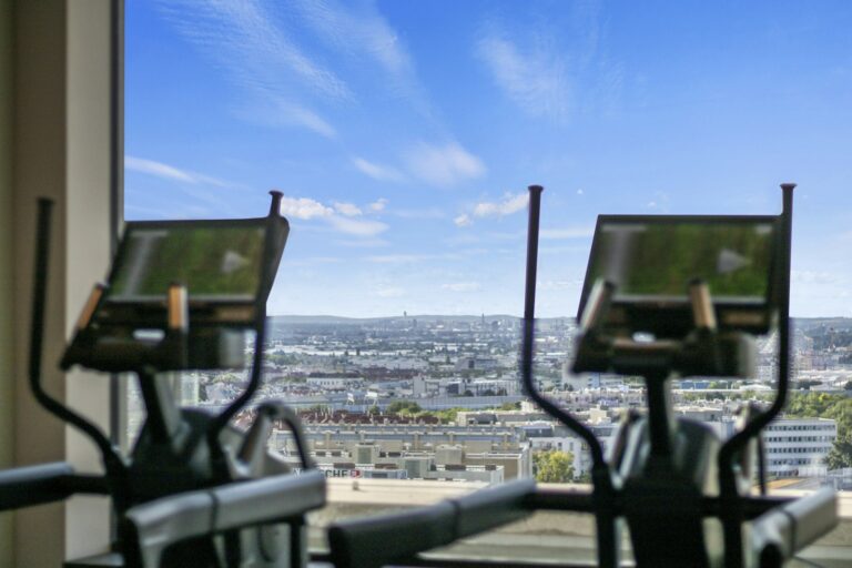 Crosstrainer oder Ellipsentrainer: zwei Geräte vor einer großen Fensterfront mit Blick auf die Stadt
